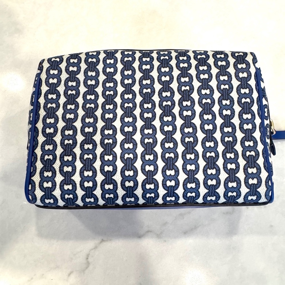 NWT Tory Burch Gemini Link Canvas Small Cosmetic Case Blue Stripe Makeup Bag - Picture 10 of 10